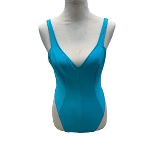 Vintage Too Hot Brazil Brand Blue‎ V Neck One Piece Swim Suit Size Medium